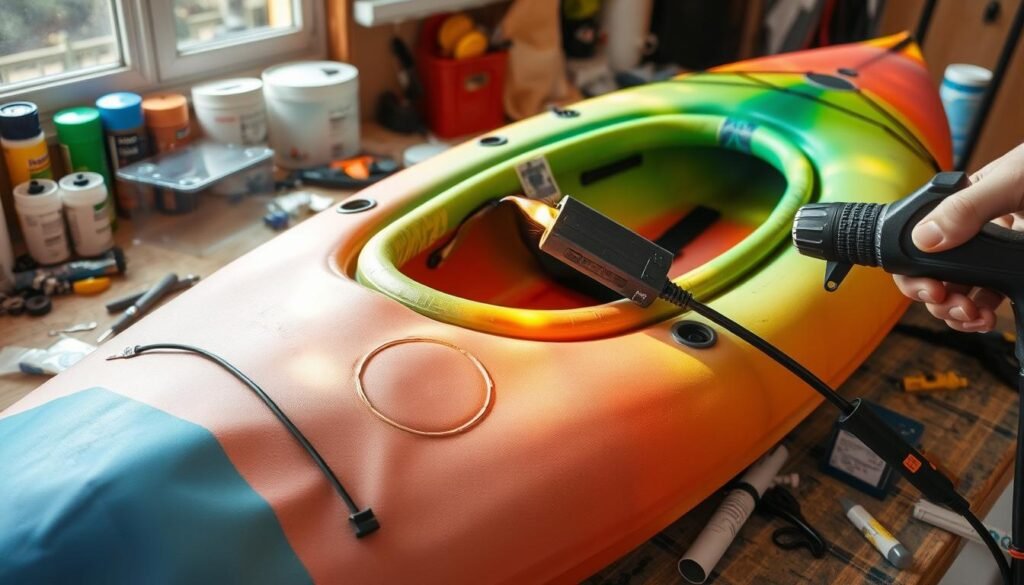 Inflatable kayak being repaired with a heat gun